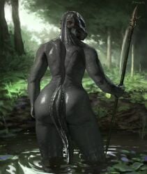 alternate_version_at_source alternate_version_available argonian argonian_female artistic_nude artistic_nudity ass ass_focus bottom_heavy bubble_ass bubble_butt digital_painting_(artwork) female_focus female_only large_ass lizard_girl lizard_humanoid looking_at_viewer looking_back non-human nonsexual nonsexual_nudity pinup scalie scalie_female skyrim solo_female solo_focus sonazith spear