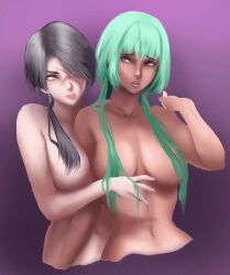 2girls black_hair cinder_fall dark-skinned_female emerald_sustrai female female_only green_eyes interracial_yuri multiple_girls red_eyes rwby yuri