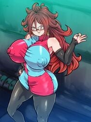 1girls android_21 android_21_(human) big_breasts bimbo blue_eyes dragon_ball dragon_ball_fighterz dragon_ball_z erect_nipples erect_nipples_under_clothes hoop_earrings huge_breasts long_hair nipple_bulge nipples nipples_visible_through_clothing rickert_kai shounen_jump solo solo_female wide_hips