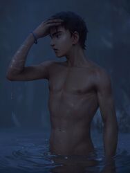 1boy beitemian betm bisexual black_hair casual dark_skin erect_nipples hand_on_head human life_is_strange life_is_strange_2 male male_only nude outdoors pool rain sean_diaz skinny_dipping swimming teenager toned_body water