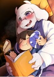 2d age_difference big_breasts blush closed_eyes dagasi digital_art dizzy dizzy_eyes eating embarrassed frisk goat heavy_breathing open_mouth squeezing_breast sweat sweating toriel undertale undertale_(series)