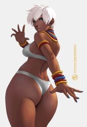 1girls 2d african african_female ass big_ass big_breasts big_butt blue_eyes breasts bubble_ass capcom capoeira dark-skinned_female dark_skin elena_(street_fighter) female from_behind from_behind_position full_color looking_at_viewer looking_back looking_back_at_viewer no_penetration princess revealing_clothes short_hair silver_hair solo solo_female street_fighter street_fighter_iii suddakka video_game_character