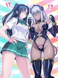!? 1girls 2girls absurdres ass_visible_through_thighs bare_midriff bare_thighs black_hair breasts commission dark-skinned_female dark_skin demon_girl demon_horns demon_tail demon_wings earrings elbow_gloves female female_only fur_trim gloves green_eyes green_skirt grey_hair hands_on_own_hips highres horns jewelry large_breasts long_hair looking_down medium_breasts midriff multiple_girls navel original pixiv_commission pubic_tattoo purple_eyes revealing_clothes ribimura shiny_clothes shiny_skin shirt skirt standing succubus succubus_tattoo surprised tail tattoo thighhighs thighs two_side_up white_shirt wings