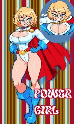 1girls big_ass big_breasts blonde_hair blue_eyes boots breasts dc_comics different_angle female gloves karen_starr leotard monmaamn power_girl reference_image solo suggestive suggestive_pose twitter