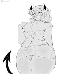 1futa absurd_res big_breasts breasts bulge demon demon_girl demon_horns demon_tail futa_only futanari heart heart-shaped_pupils helltaker horn horns looking_at_viewer looking_pleasured modeus_(helltaker) monochrome simple_background tail thick_thighs yxxzoid