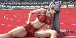 ai_generated athletic athletic_female bodypaint breasts breasts_apart exhibitionism fit fit_female gold_ship_(umamusume) gray_hair horse_ears horse_girl horse_tail looking_at_viewer nipples painted_clothes purple_eyes pussy self_upload sitting stretching sweat sweating sweaty track track_and_field track_uniform umamusume