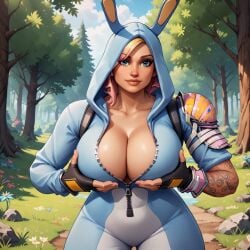 ai_generated big_breasts blonde_hair blue_eyes bunny_ears bunnysuit cleavage clothed clothed_female clothing fortnite fortnite:_save_the_world holding_breast miss_bunny_penny_(fortnite) penny_(fortnite) presenting_breasts rubyart