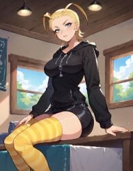 1female 1woman ai_generated antenna_hair black_hoodie black_mini_skirt blonde_hair blonde_hair blonde_hair_female blue_eyes blush blush blushing_at_viewer breasts clothed disney female hand_on_own_thigh hand_on_thigh hood_down hoodie hourglass_figure indoors kingdom_hearts large_breasts larxene legs_together lips looking_at_viewer mini_skirt miniskirt nail_polish nails nails_painted no_sex nobody_(kingdom_hearts) open_mouth open_mouth organization_xiii painted_nails pearly_whites pink_lips pink_nail_polish pink_nails pony_diffusion_xl pose posing posing_for_the_viewer sfw short_blonde_hair short_hair short_skirt showing_teeth sitting sitting_on_furniture skirt solo solo_female solo_focus striped_thigh_highs stripped_socks teeth teeth_showing thick_thighs thigh_highs thighs tight_clothing window windows yellow_and_white yellow_socks yellow_thigh_highs