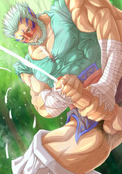 abs bandaged_arm bara biceps big_penis blue_fur blue_hair blush blushing clothed clothing cum fake_iron fire_emblem fire_emblem:_path_of_radiance fire_emblem:_radiant_dawn gay hairy hairy_balls hairy_legs male male_only masturbation mordecai_(fire_emblem) muscle muscles muscular muscular_male pecs pubes pubic_hair yaoi