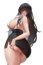 absurdres alvitr_(azur_lane) alvitr_(muspel's_torrid_secrets)_(azur_lane) ass azur_lane backless_shirt bare_shoulders black_hair blunt_bangs breasts commentary_request deep_skin female finger_to_mouth from_behind hand_on_own_ass high-waist_skirt highres huge_ass large_breasts long_hair looking_at_viewer miniskirt office_lady official_alternate_costume open_mouth pencil_skirt red_eyes saliva saliva_trail shirt shuiruoqing sideboob skirt sleeveless sleeveless_shirt solo thick_thighs thighs tongue tongue_out underbutt very_long_hair white_background white_shirt