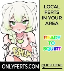 1girls advertisement animal_ears braid breasts calm clothing exposed_shoulders ferret ferret_girl green_eyes green_highlights indie_virtual_youtuber laimu lime meme not_cum sae_art solo suggestive sweat sweating tongue_out virtual_youtuber vtuber white_hair