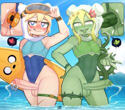 2boys 2femboys adventure_time big_penis femboy fern_(adventure_time) fern_the_human finn_the_human gay large_penis lezaki-thefatlizard looking_at_viewer male male_only monster_femboy penis penis_out swimsuit yaoi