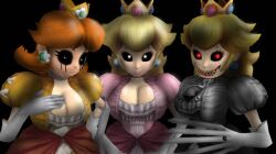 3d 3girls big_breasts big_hips black_eyes blonde_hair blue_earrings brown_hair creepy creepy_smile crown engagement_ring entity female five_nights_at_wario's five_nights_at_wario's:_origins five_nights_at_wario's:_switched_in_time five_nights_at_wario's_2 five_nights_at_wario's_4 five_shows_at_wario's five_shows_at_wario's:_director's_cut fnaw ghost ghost_girl gloves glowing_eyes hand_on_breast long_blonde_hair long_brown_hair long_fingers long_hair looking_at_viewer mario_(series) nightmare_fuel nightmare_waifu nintendo peach.exe pink_dress princess princess_daisy princess_daisy_(five_nights_at_wario's) princess_peach princess_peach_(five_nights_at_wario's) red_pupils ring royalty smile smiling smiling_at_viewer spirit virus_peach_(five_nights_at_wario's) white_dress white_pupils yellow_dress