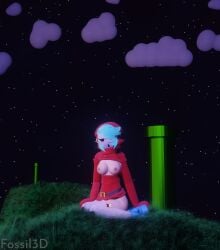 3d 3d_(artwork) breasts breasts_out breasts_out_of_clothes fossil3d mario_(series) night night_sky nintendo open_clothes shy_gal sitting tagme