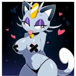 1girls ai_generated alolan_form alolan_meowth anthro bell_collar breasts coin collar domestic_cat eyeshadow fangs feline female female_only grey_body grey_fur heart meowth nipple_tape novelai pokemon pokemon_(species) regional_form_(pokémon) self_upload simple_background solo tail taped_nipples thong tongue tongue_out whiskers