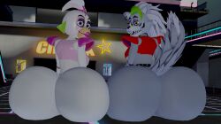 2girls 3d_(artwork) blender bubble_butt five_nights_at_freddy's five_nights_at_freddy's:_security_breach glamrock_chica_(fnaf) huge_ass looking_back roxanne_wolf_(fnaf) skulltronprime969