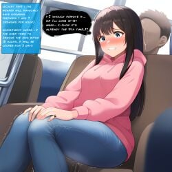 1girls 1other ai_generated background bangs blue_eyes blush breasts brown_hair bus bus_interior clenched_teeth clothed curse cursed_item dark_hair day dripping_pussy embarrassed embarrassed_female english_text eyebrows_visible_through_hair female female_focus female_only forced forced_orgasm gameplay_mechanics gem hand_on_knee hand_on_leg hands-free hands_on_knees handsfree_ejaculation hi_res highres hoodie horny horny_female item_description izacru0 jeans knees_together_feet_apart legs light-skinned_female light_skin long_hair medium_breasts multiple_orgasms nanaya_(izacru0) open_eyes open_mouth orgasm orgasm_without_stimulation original original_character outdoors pants pink_clothing pink_hoodie pleasured public public_indecency puddle pussy_ejaculation pussy_juice pussy_juice_drip pussy_juice_puddle pussy_juice_through_clothing ring shaking sitting sitting_on_chair solo solo_female solo_focus speech_bubble steam talking text tremble_spikes trembling vehicle very_high_resolution wet wet_clothes