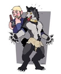 2023 5_fingers absurd_res anthro artist_name beard black_body black_fur black_nose black_pawpads blackshirtboy blush bottomwear bulge canid canine canis clothed clothing collar colored countershade_face countershade_fur countershade_neck countershade_torso countershading digitigrade ear_growth facial_hair fingers front_view fur gold_(metal) gold_tooth grey_body grey_fur growth hi_res human human_to_anthro looking_down_at_self male mammal mostly_nude motion_lines moustache mythological_canine mythological_creature mythology open_mouth pawpads paws solo species_transformation standing tail text tongue tongue_out topless torn_clothing transformation werecanid werecanine werecreature werewolf white_body white_fur wolf year yellow_sclera
