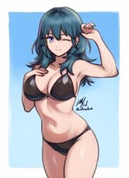 1girls ;) alternate_costume arm_up armpits bare_arms bikini black_bikini black_swimsuit blue_background blue_eyes breasts byleth_(fire_emblem) byleth_(fire_emblem)_(female) cleavage female female_only fire_emblem fire_emblem:_three_houses gradient_background hair_between_eyes hand_on_own_chest large_breasts long_hair looking_at_viewer nintendo one_eye_closed rotomdocs sideboob simple_background smile solo swimsuit teal_hair underboob wink