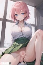 after_sex after_vaginal ai_generated blue_eyes blush breasts censored cleavage closed_mouth collarbone collared_shirt cum cum_in_pussy cumdrip dmk_meow dress_shirt female go-toubun_no_hanayome green_skirt indoors knee_up large_breasts long_sleeves looking_at_viewer mosaic_censoring no_panties patreon_username pink_hair pleated_skirt pussy school_uniform shirt shirt_tucked_in short_hair sitting skirt skirt_lift smile solo spread_legs thighs white_shirt window