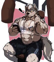 2019 abs anthro balls blush bottomwear bulge canid canine canis clothing earbuds eyewear glasses gym_equipment hi_res kenaihand male male_only mammal midriff muscular muscular_male navel pecs penis_outline phone shorts sitting wolf