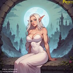 ai_generated big_breasts bimbo blue_eyes cleavage curvaceous curvy cute dress elf elf_ears elf_female fantasy female female_only large_breasts light-skinned_female light_skin moon moonlight pale-skinned_female pale_skin partially_clothed pool proxyaiart solo vaeri