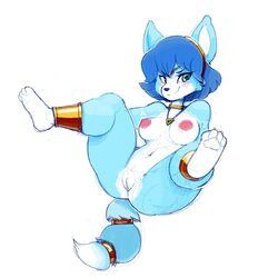 1:1 2019 anthro blue_fur blue_hair blush breasts canid canine female fox fur hair hi_res krystal mammal navel nintendo nipples nude presenting presenting_pussy pussy solo spread_legs spreading star_fox supertrashparty video_games white_fur