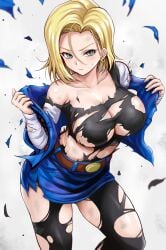 android_18 black_shirt blonde_hair blue_eyes blue_shorts breasts closed_mouth commentary_request dragon_ball dragon_ball_z earrings female highres jewelry large_breasts looking_at_viewer r-binon shirt shorts solo standing torn_clothes