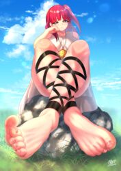 1girls amaaay_zing background barefoot bored dress feet foot_fetish foot_focus fully_clothed grass legs legs_crossed magi:_the_labyrinth_of_magic morgiana red_eyes red_hair sitting sky toes visible_veins white_dress