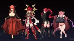 4girls ass boots breasts cape cleavage crossover dragon_girl dragon_horns dragon_tail dress fire_emblem fire_emblem_fates fire_emblem_heroes from_behind gloves highres hinoka_(fire_emblem) horns huge_breasts ilulu_(dragon_maid) ilulu_(maidragon) jarckius kasumi_yoshizawa kobayashi-san_chi_no_maidragon large_breasts leotard long_hair looking_at_viewer looking_back maou_(maoyuu) maoyuu_maou_yuusha megami_tensei miss_kobayashi's_dragon_maid multiple_girls nintendo persona persona_5 persona_5_the_royal ponytail red_eyes red_hair scarf short_dress short_hair sideboob skirt smile tail thick_thighs thighhighs thighs wings