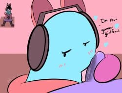blue_body blush blush_lines bodily_fluids bogg boggo_(land_of_boggs) cat_ear_headband clothing dialogue digital_media_(artwork) duo electronics embarrassed fellatio female first_person_view genitals headphones hi_res hoodie land_of_boggs licking male male/female mii2sii narrowed_eyes not_furry oral penile penis penis_lick pink_body pokesiimii purple_body reference_image sex tongue topwear unknown_species