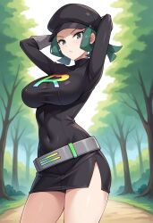 ai_generated arms_behind_head belt big_breasts civitai gloves green_eyes green_hair large_breasts pokemon rocket_grunt team_rainbow_rocket