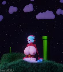 3d 3d_(artwork) big_breasts breasts breasts_out breasts_out_of_clothes fossil3d mario_(series) night night_sky nintendo open_clothes shy_gal sitting tagme