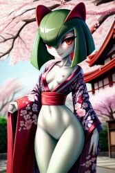 ai_generated cherry_blossoms flashing_breasts japanese_clothes japanese_house kimono kirlia looking_at_viewer pokemon pokemon_(species) small_breasts wide_hips