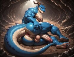 1boy abs ai_generated anthro anus ass ass_focus balls bara big_ass big_balls big_muscles big_nipples big_pecs big_penis blue_body booster_rex daddy dilf dragon dragon_ears erect_nipples erection fangs gay horn huge_balls huge_cock huge_muscles huge_nipples huge_pecs hunk male male_only multicolored_body muscular muscular_anthro muscular_male navel nipples nude pecs penis reptile scalie solo white_body