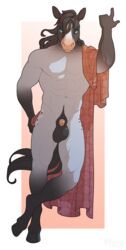 2019 anthro balls black_fur black_hair blue_eyes equid equine fur hair hi_res hooves humanoid_hands khuraji looking_at_viewer male male_only mammal nipples nude standing white_fur