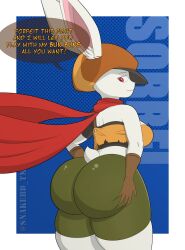 1girls alternate_version_available anthro big_ass bottomwear breasts bubble_ass bubble_butt bunny bunny_ears bunny_girl bunny_tail clothing dat_ass dragon_ball english english_text female female_only green_short hand_on_ass hat headwear huge_ass large_ass looking_back neckwear red_eyes red_scarf scarf shorts sideboob snakebd solo solo_female sorrel speech_bubble text topwear white_body white_skin