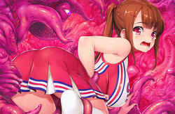 arm_grab ass blush breasts brown_hair commentary_request crying crying_with_eyes_open eyebrows_visible_through_hair female from_behind hair_ornament hairclip helpless highres imminent_rape imminent_sex leg_grab long_hair looking_at_another monster open_mouth original pink_eyes purple_eyes rape red_shirt red_skirt restrained shirt skirt sleeveless sleeveless_shirt socks solo_focus sportswear tears tentacle wacchi white_legwear