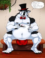 2019 4_toes 5_fingers abs anthro balls biceps black_fur black_nose black_skin blue_eyes bow_tie bulge canid canine canis claws clothed clothing digitigrade domestic_dog duo english_text erection fingerpads fur hand_on_stomach hat headgear headwear heart hi_res hungothenomster husky james_auvereign looking_down luc_pinstripe lying male male_only mammal markings micro multicolored_fur multicolored_skin musclegut muscular muscular_male muscular_thighs navel nordic_sled_dog obese overweight pawpads paws pecs penis sitting size_difference slightly_chubby smile spitz text tight_underwear toes top_hat topless two_tone_fur two_tone_skin white_fur