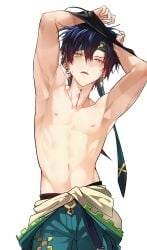 1boy armpits arms_up black_hair genshin_impact kinich_(genshin_impact) male male_focus male_only masculine ming_ppang nipples pecs removing_clothing solo solo_focus solo_male undressing