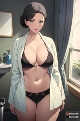 1girls ai_generated bathroom bikini black_bikini black_hair black_panties blazeren_ai/3d dark_hair female_only large_breasts light-skinned_female light_skin looking_at_viewer mature_female medium_breasts my_teen_romantic_comedy_snafu navel partially_clothed realistic_breast_size sweatdrop white_coat yukinoshita_yukino's_mother