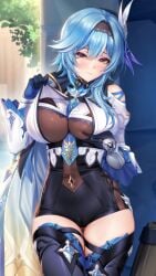 ass_visible_through_thighs between_breasts black_gloves black_hairband blue_cape blue_hair blue_necktie blush boots breasts cape chest_harness closed_mouth clothing_cutout cowboy_shot eula_(genshin_impact) female genshin_impact gloves grabbing_own_breast hair_between_eyes hairband harness high-waist_shorts jg&amp;solin large_breasts lifting_own_clothes long_sleeves medium_hair necktie necktie_between_breasts outdoors purple_eyes shorts shoulder_cutout side_cape smile solo thigh_boots thigh_gap white_sleeves wide_sleeves