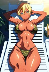 ai_generated beach beach_chair bikini blonde_hair camouflage_bikini female female_focus female_only green_eyes hands_behind_head hi_res highres large_breasts laying_on_back looking_at_viewer lounging lying_on_back mito_ikumi nai_diffusion narrow_waist on_back rubycks shiny_skin shokugeki_no_souma short_hair skindentation solo solo_female solo_focus tan_body toned toned_female