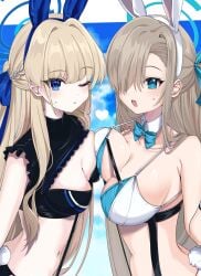 2girls absurdres alternate_costume animal_ears asuna_(blue_archive) asymmetrical_docking baba_kirika bikini black_bikini blonde_hair blue_archive blue_bikini blue_bow blue_bowtie blue_eyes blue_hair blue_halo blush bow bowtie braid breast_press breasts closed_mouth detached_collar fake_animal_ears fake_tail hair_over_one_eye halo heart highres large_breasts light_brown_hair long_hair looking_at_viewer medium_breasts mole mole_on_breast multicolored_bikini multicolored_clothes multicolored_hair multiple_girls navel one_eye_closed open_mouth rabbit_ears rabbit_tail streaked_hair swimsuit tail toki_(blue_archive) white_bikini