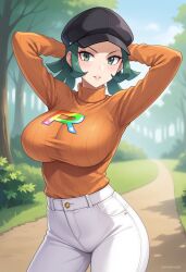 ai_generated arms_behind_head big_breasts civitai green_eyes green_hair large_breasts pokemon rocket_grunt