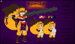 anthro asian_mythology bell breasts canid canine clothing club_(weapon) dress ear_piercing ear_ring east_asian_mythology female fox fox_spirit hi_res japanese_mythology japanese_text jewelry kamiko mammal melee_weapon mike_argentum_(artist) model_sheet multi_tail mythology necklace nude piercing pipe pregnant purple_background pussy signature simple_background smoke text weapon yōkai