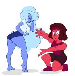 2girls barefoot blue_eyes blue_hair blue_skin brown_hair canon_couple clothed cyclops dat_ass gem_(species) headband long_hair red_skin ruby_(steven_universe) sapphire_(steven_universe) short_hair short_shorts showing_ass showing_off steven_universe twerking xxxubbles