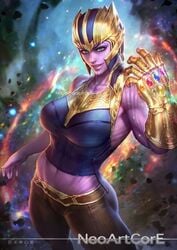 1girls 2d abs alien alien_girl armpits avengers avengers:_infinity_war belly blue_eyes eye_contact eyelashes female female_only gauntlet genderswap genderswap_(mtf) glowing helmet humanoid infinity_gauntlet looking_at_viewer marvel marvel_cinematic_universe marvel_comics midriff navel neoartcore pants pose purple-skinned_female purple_skin rule_63 shirt solo standing tank_top text thanos watermark