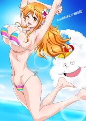 1girls arm_up belly_button big_breasts bikini breasts female female_only jumping long_hair midriff nami one_piece orange_hair post-timeskip raida_(j5einmnjp3r49k6) slim_waist solo thong toned toned_female wide_hips zeus_(one_piece)