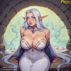 ai_generated big_breasts bimbo blue_eyes cleavage curvaceous curvy cute dress elf elf_ears elf_female fantasy female female_only large_breasts light-skinned_female light_skin moon moonlight pale-skinned_female pale_skin partially_clothed pool proxyaiart solo vaeri